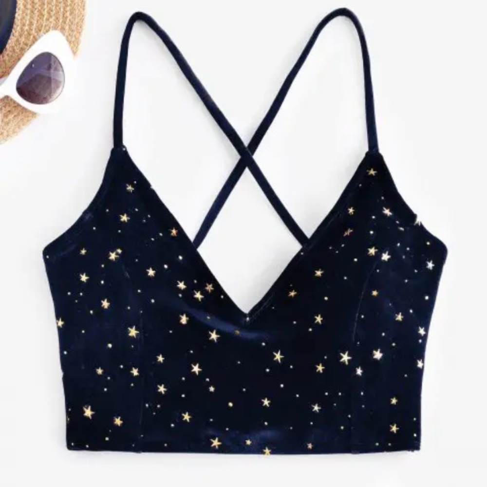 Zaful Blue Velvet Sparkly Gold Stars Lace Up Back Tank Swim Tank Top
